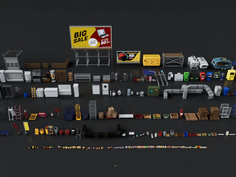 City Supermarket Building Interior Exterior Modular Environment 3D Model