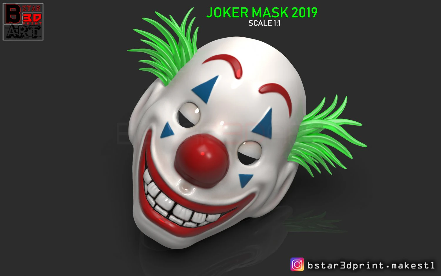 joker mask 2019 with hair - clown mask 2019 - halloween mask from joker movie 2019 3D Print Model .c4d .max .obj .3ds .fbx .stl .blend 