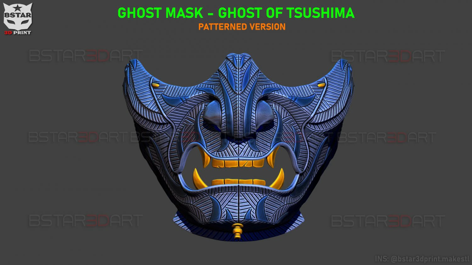ghost of tsushima - ghost mask patterned - high details 3D Print Model .c4d .max .obj .3ds .fbx .stl .blend 