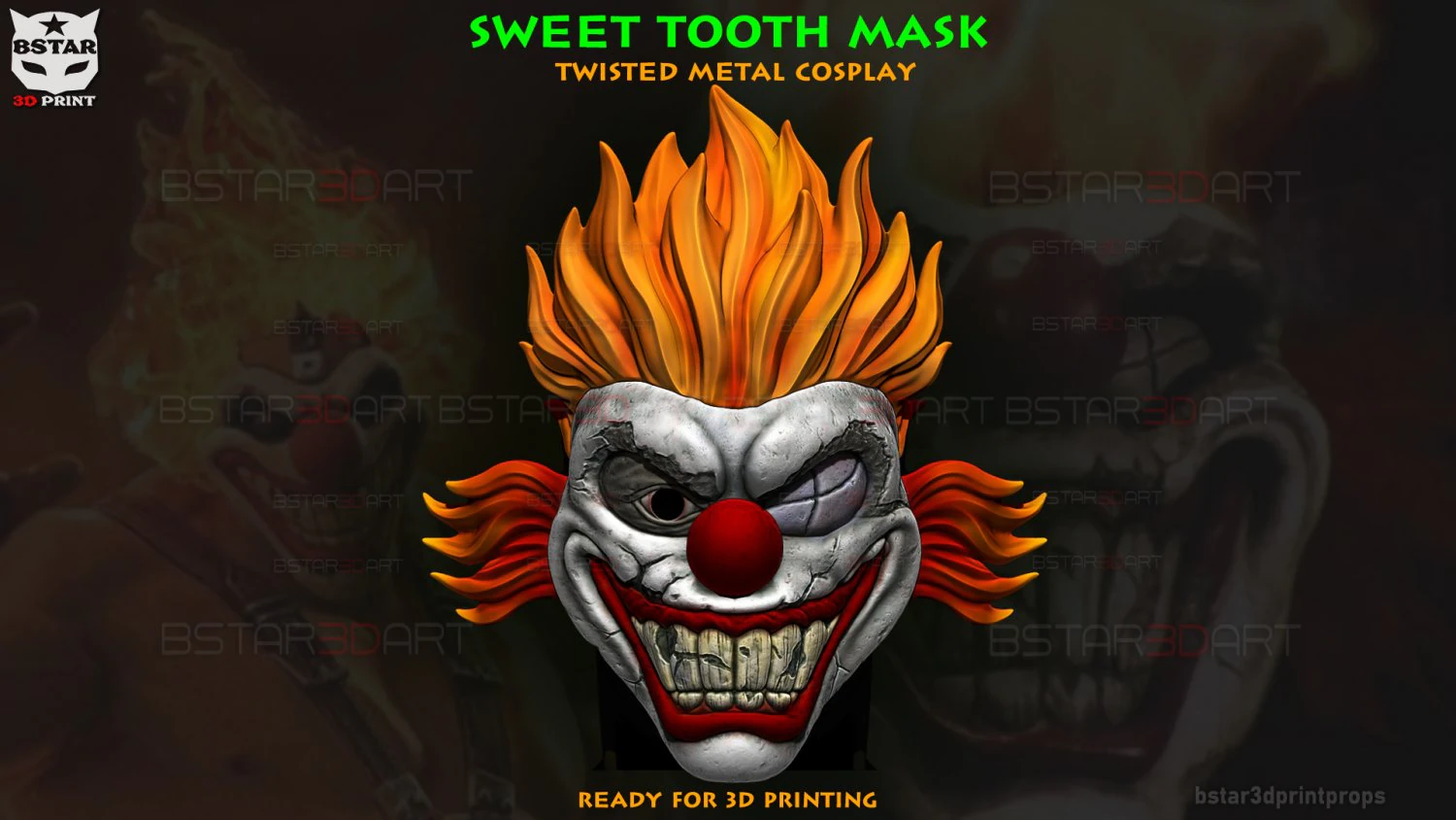 Sweet Tooth Twisted Metal Mask With Hair High Quality 3D Print Model .c4d .max .obj .3ds .fbx .stl .blend 