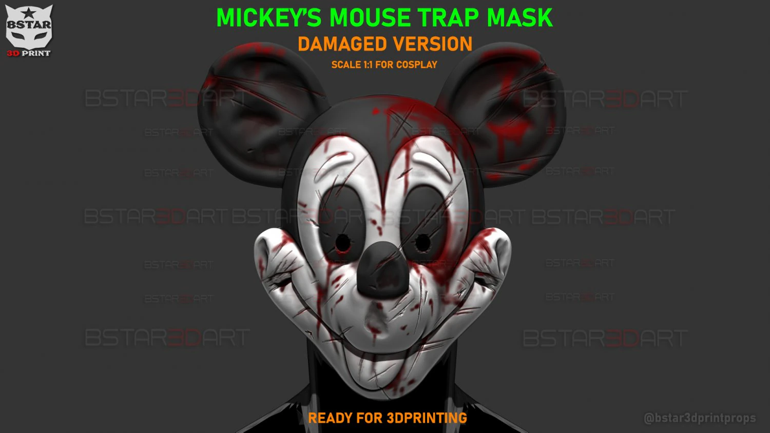 Mickey Mouse Trap Mask - Damaged Version - Halloween Cosplay 3D Print Model .c4d .max .obj .3ds .fbx .stl .blend 