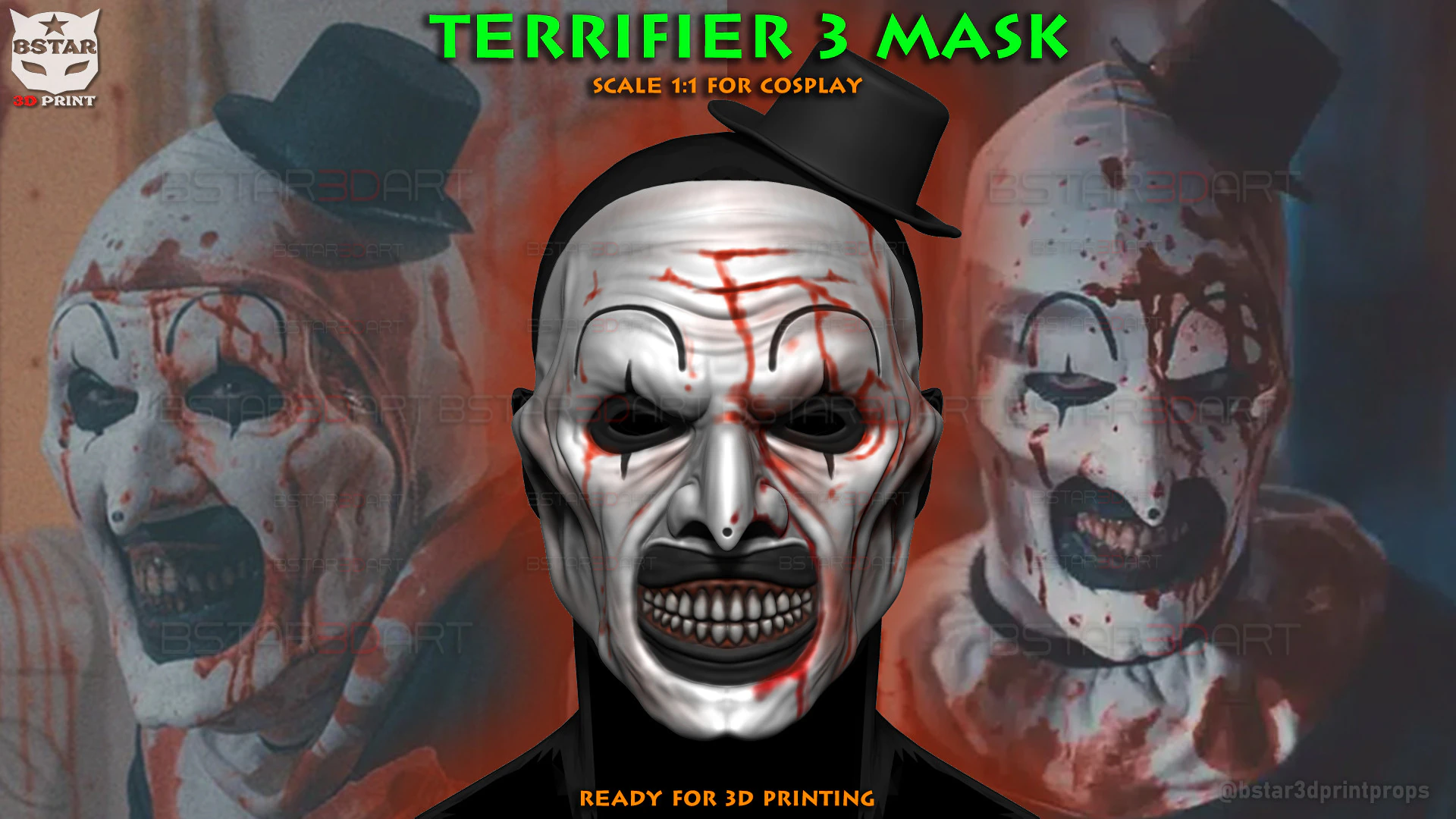 Art The Clown mask - Terrifier 3 Cosplay For Halloween 3D Print Model .c4d .max .obj .3ds .fbx .stl .blend 