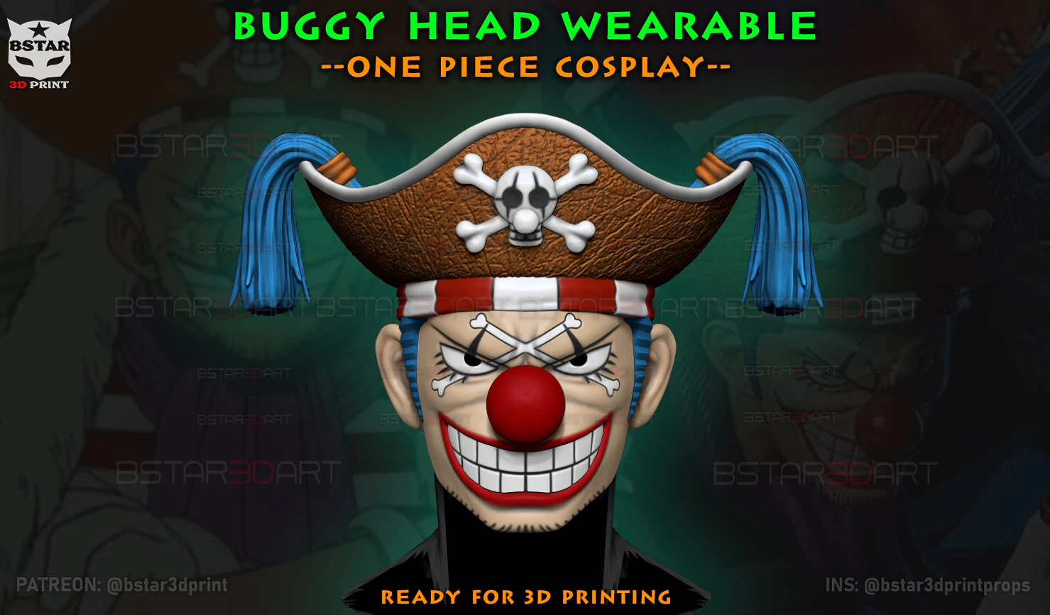 The Buggy Head Wearable - One Piece Anime Cosplay 3D Print Model .c4d .max .obj .3ds .fbx .stl .blend 