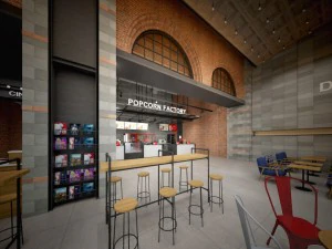 cinema teatro lobby entrada estilo industrial espa&ccedil;o comercial Modelo 3D