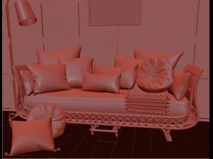 sof&aacute; de bambu cadeira de vime sof&aacute; de vime cobertor de malha sala de estar Modelo 3D