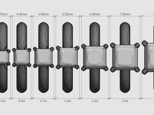 set from eight solitaire ring - princess 3d print model 3D Принт Модель