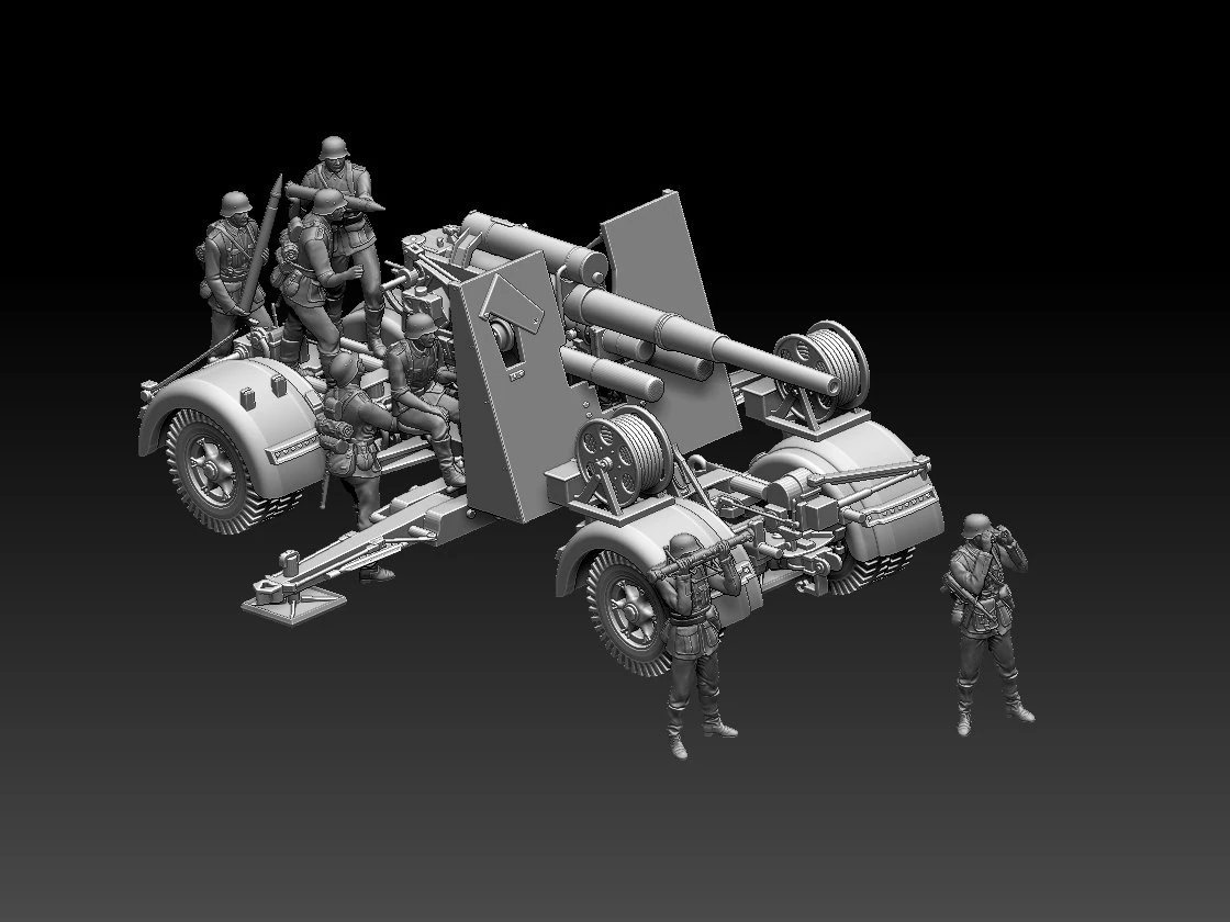 Flak 88 and soldiers 3D Print Model .c4d .max .obj .3ds .fbx .stl .blend