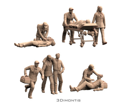 Figure di soccorso medico Stampa 3D STL Paramedici Civili feriti Diorama Scala 1 16 Modello di stampa 3D