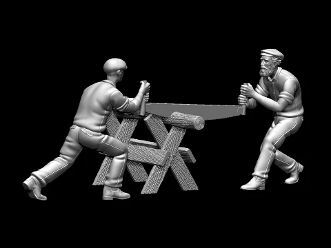 Carpenters with Two-Man Crosscut Saw 3D Print STL Model 135 Miniature Figures 3D Print Model