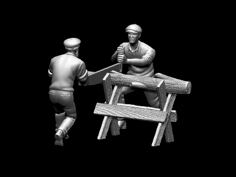 Carpenters with Two-Man Crosscut Saw 3D Print STL Model 135 Miniature Figures 3D Print Model