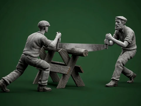 Carpenters with Two-Man Crosscut Saw 3D Print STL Model 135 Miniature Figures 3D Print Model