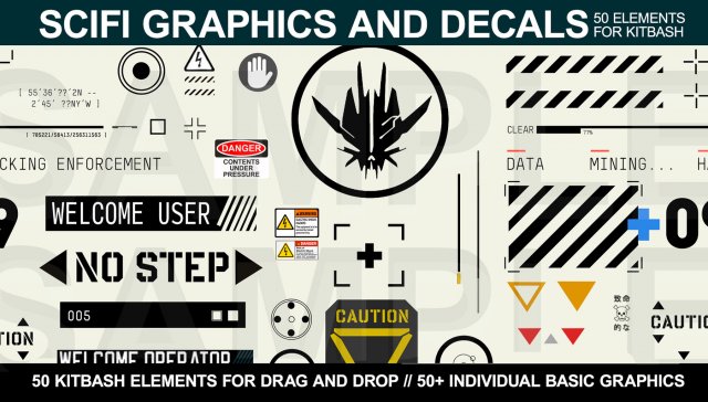 sci-fi graphics and decals - vol1 Modèles 3D en vedette .c4d .max .obj .3ds .fbx .stl .blend 