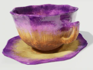 चाय का कप और तश्तरी बैंगनी चमकीला 3D मॉडल