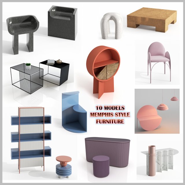 10 models memphis style furniture 3D Model .c4d .max .obj .3ds .fbx .stl .blend 