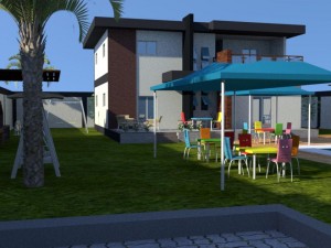 summer chalet with pond outside inside 3D-Modell