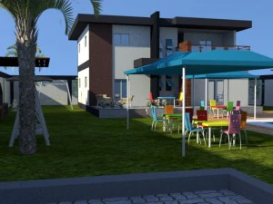 chalet de verano con estanque exterior interior Modelo 3D