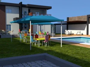summer chalet with pond outside inside 3D Model