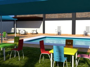 summer chalet with pond outside inside 3D Model