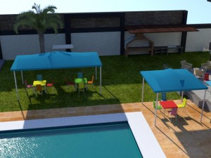 summer chalet with pond outside inside 3D Model