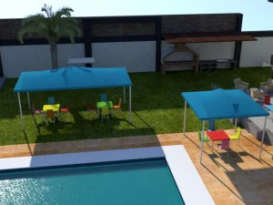 summer chalet with pond outside inside 3D Model