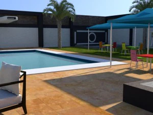 summer chalet with pond outside inside 3D Model