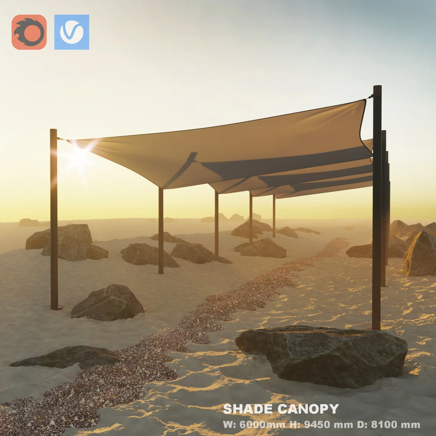 Shade Canopy vs rocks sand 3D Model .c4d .max .obj .3ds .fbx .stl .blend