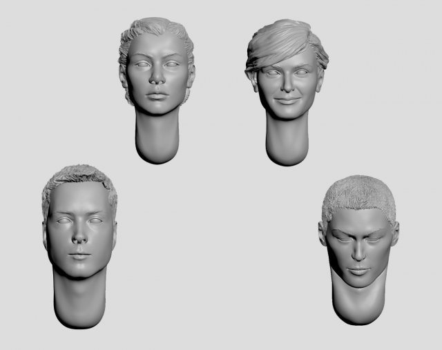 set of heads with hair 3D Print Model .c4d .max .obj .3ds .fbx .stl .blend 