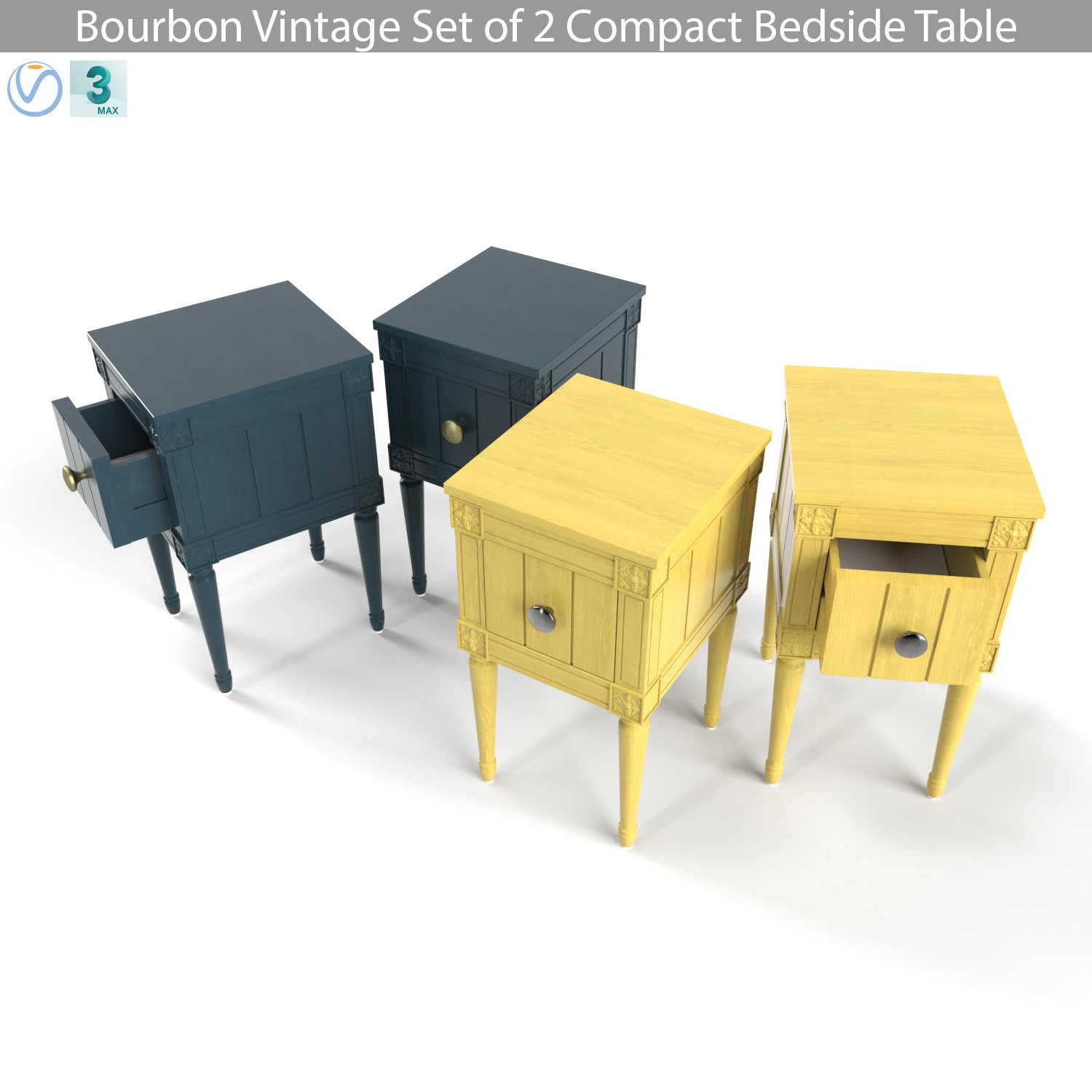 made bourbon vintage set of 2 compact bedside table blue and mustard 3D Model .c4d .max .obj .3ds .fbx .stl .blend 