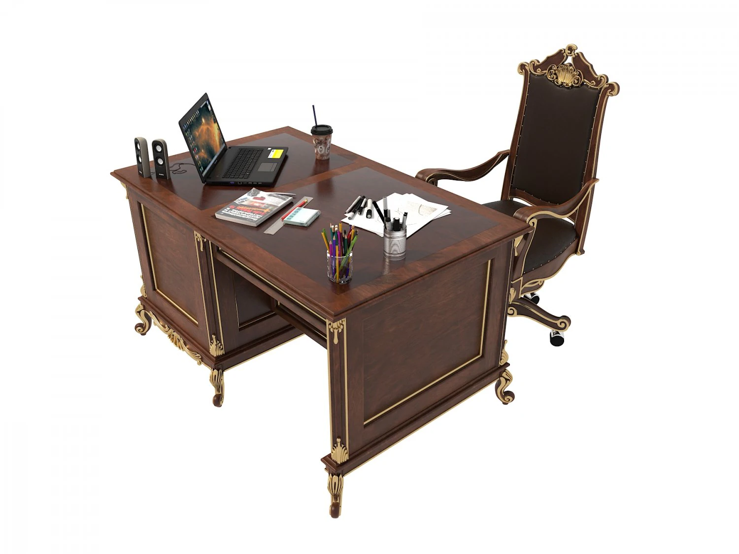 classic carved office desk set 3D Model .c4d .max .obj .3ds .fbx .stl .blend 
