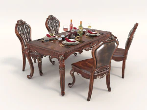 Juego de 2 sillas y mesa de comedor de estilo europeo. Modelo 3D