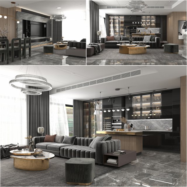 living room and kitchen scene Modèle 3D .c4d .max .obj .3ds .fbx .stl .blend 