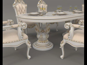 European Style Dining Table and Chairs 11 3D Model