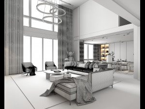 Living Room and Dining Room Scene 2 3D Model