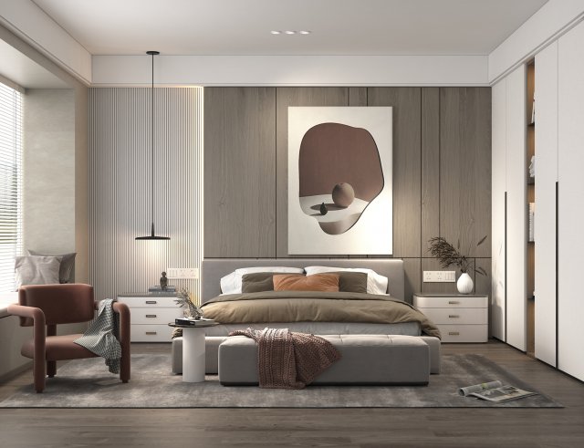 Modern Bedroom Interior Scene 25 3D Model .c4d .max .obj .3ds .fbx .lwo .lw .lws