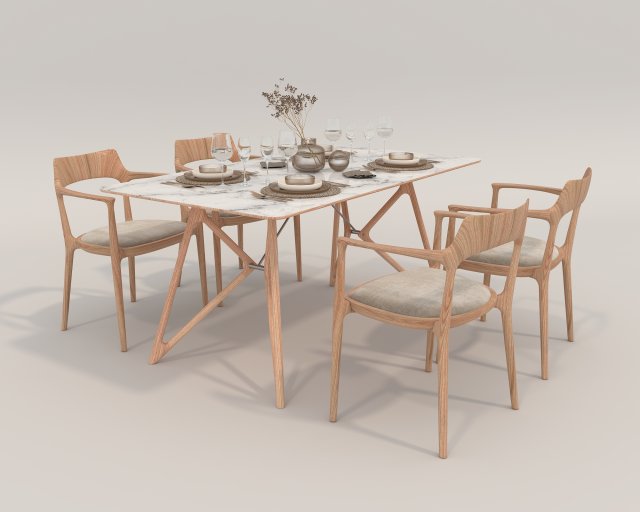 Dining Table and Chairs 3 3D Model .c4d .max .obj .3ds .fbx .stl .blend