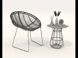 Rattan Table and Chairs Set 2 3D Model