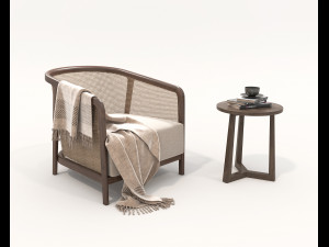 Wooden Coffee Table and Armchair 3D Model