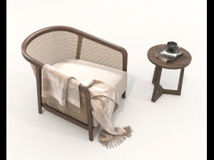 Wooden Coffee Table and Armchair 3D Model