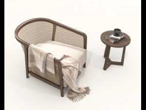 Wooden Coffee Table and Armchair 3D Model