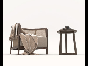 Wooden Coffee Table and Armchair 3D Model