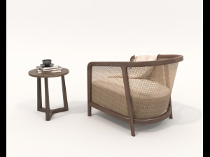 Wooden Coffee Table and Armchair 3D Model