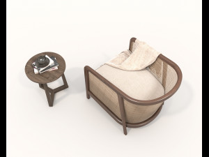 Wooden Coffee Table and Armchair 3D Model