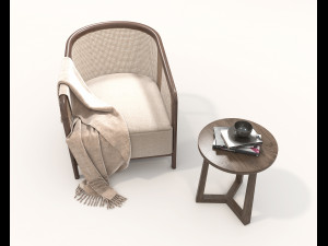 Wooden Coffee Table and Armchair 3D Model