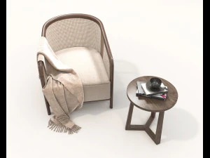 Wooden Coffee Table and Armchair 3D Model