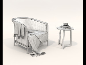 Wooden Coffee Table and Armchair 3D Model