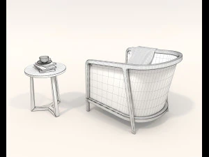 Wooden Coffee Table and Armchair 3D Model