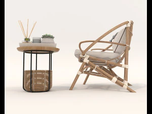 Rattan Table and Chairs Set 5 3D Model