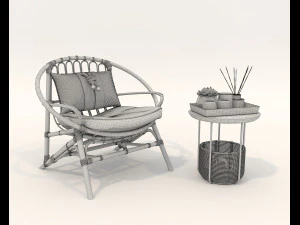 Rattan Table and Chairs Set 5 3D Model