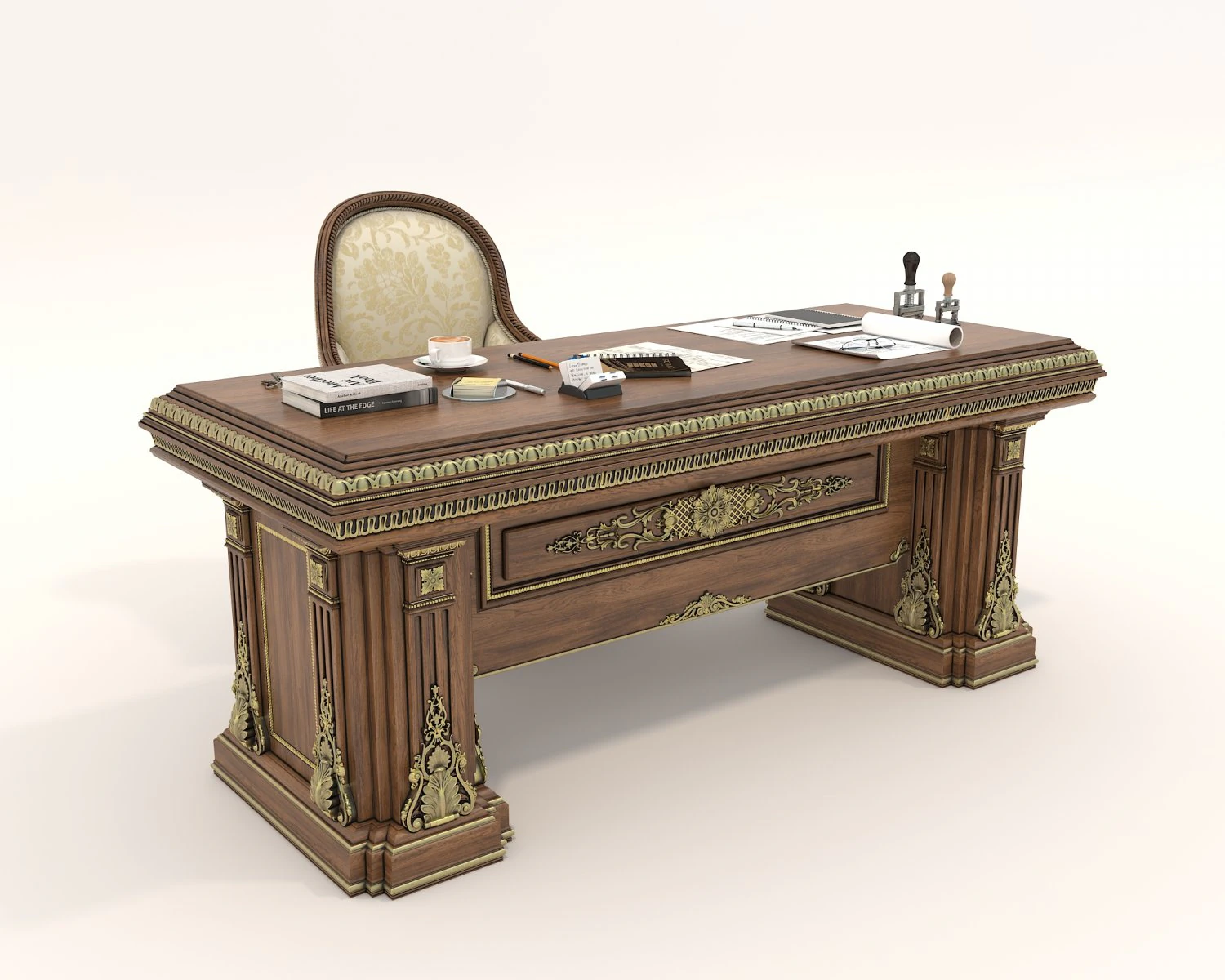 Classic Working Table and Chair 5 3D Model .c4d .max .obj .3ds .fbx .stl .blend