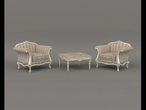 ヨーロピアン スタイルのコーヒー テーブルとアームチェア 4 3Dモデル